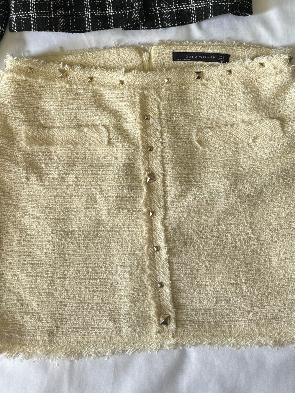 Zara Cream Tweed Mini Skirt with Pyramid Stud Trim